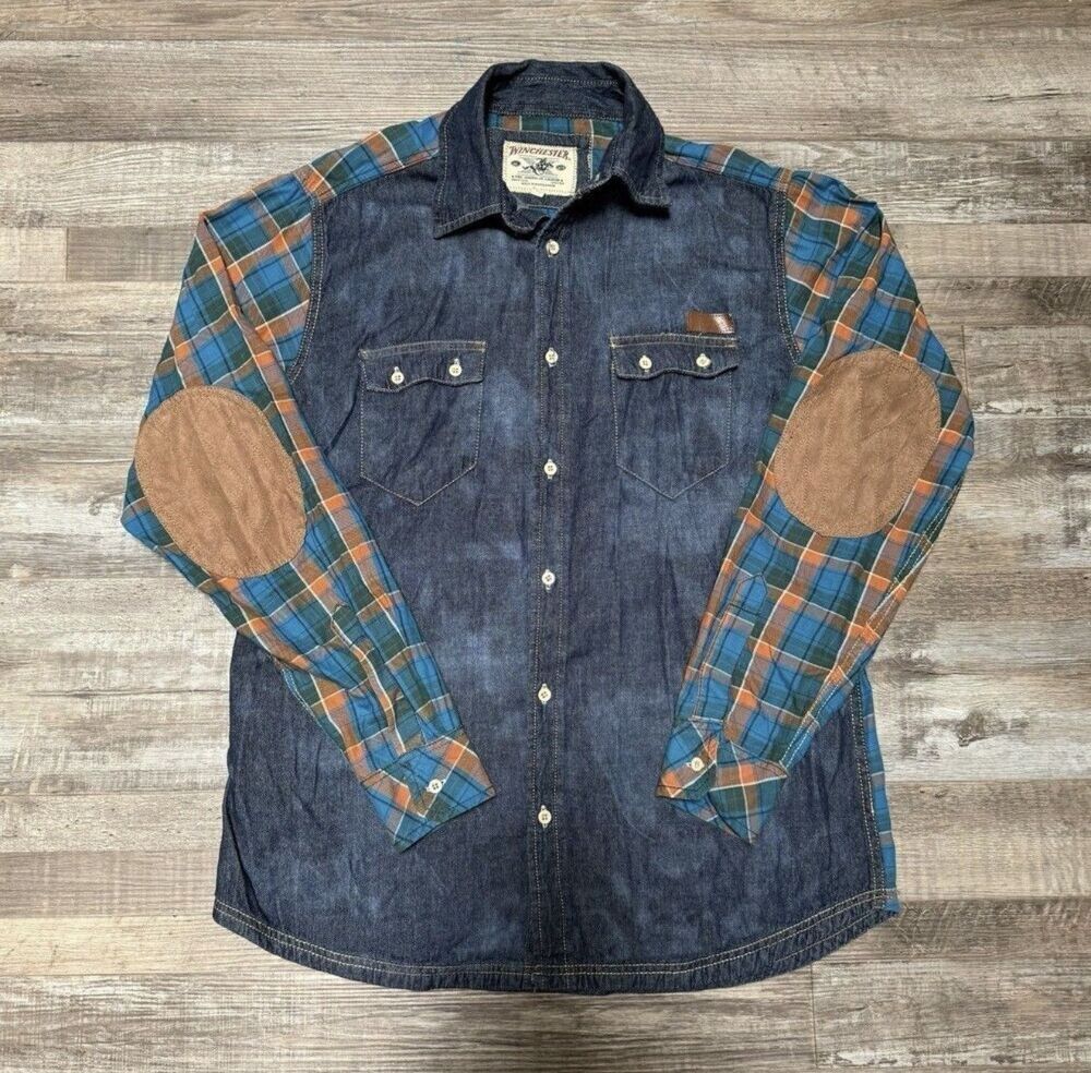 Winchester Men's Acid Wash Denim and Plaid Long Sleeve Button-Down Shirt Large